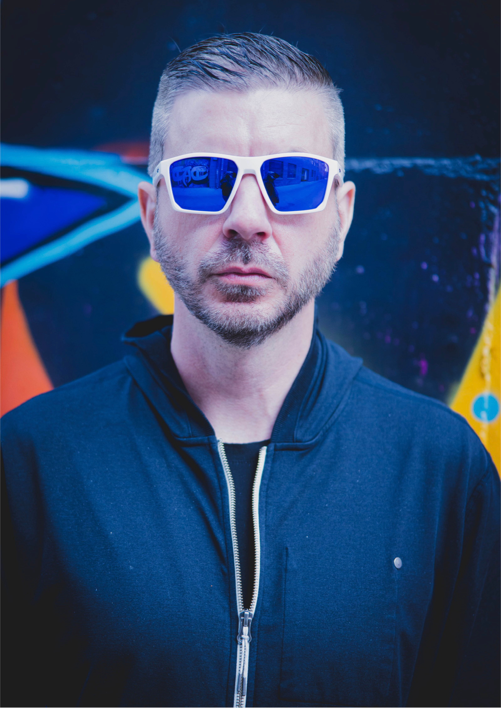 William White sunglasses — blue graffiti